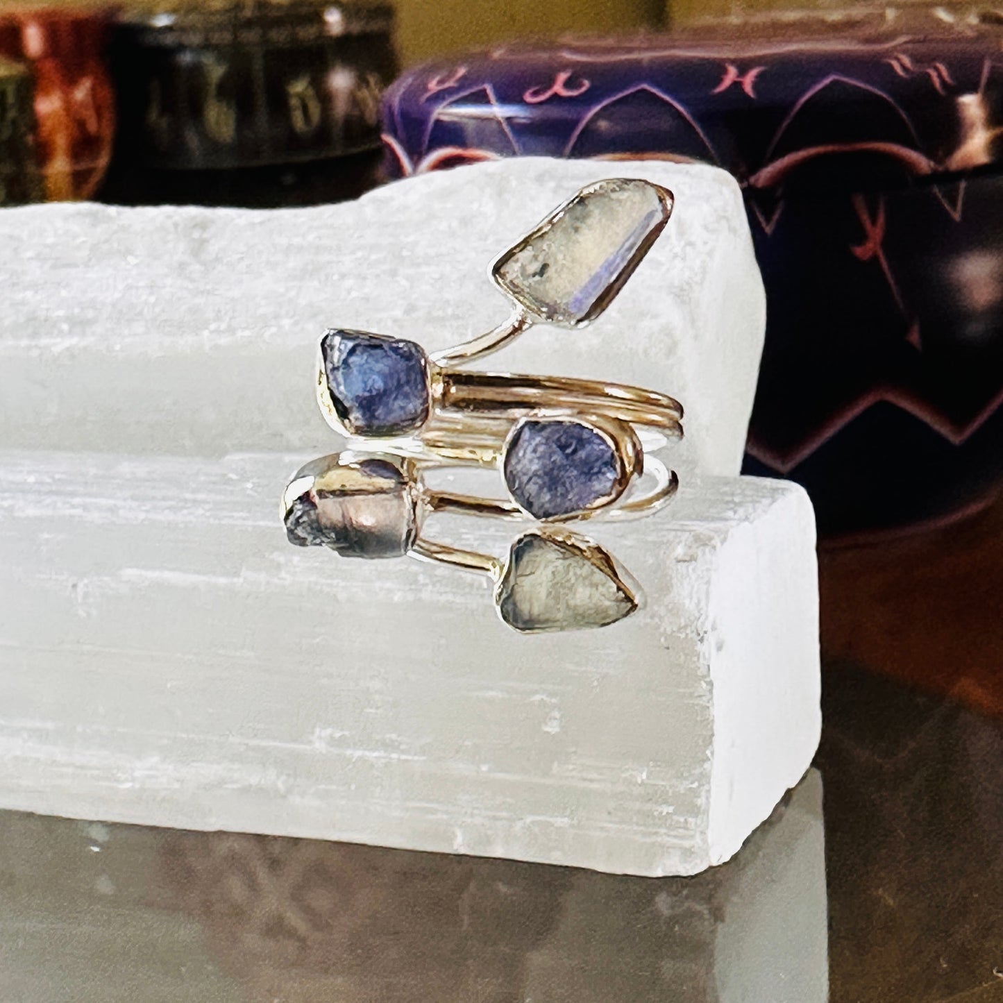 Natural Tanzanite Crystal & Moonstone Rough Sterling Silver Ring
