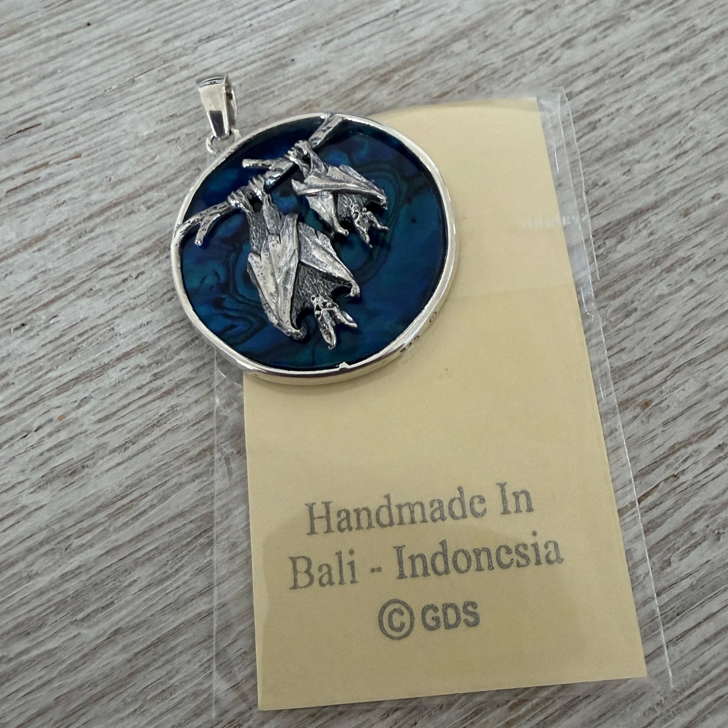 Sterling Silver Two Bats Medallion Pendant-Blue Abalone Shell