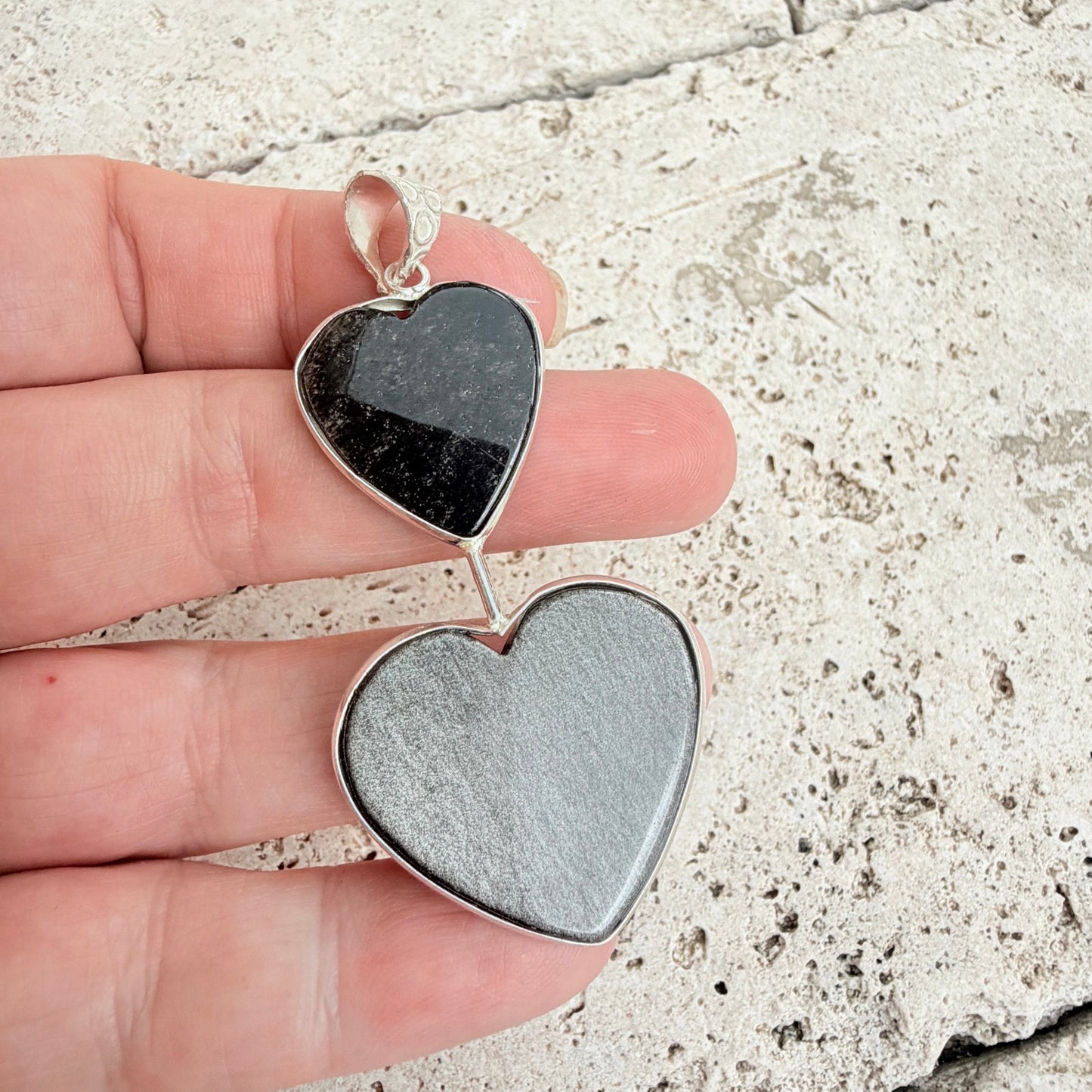 Silver Obsidian Double Heart Pendant 925 Silver Overlay