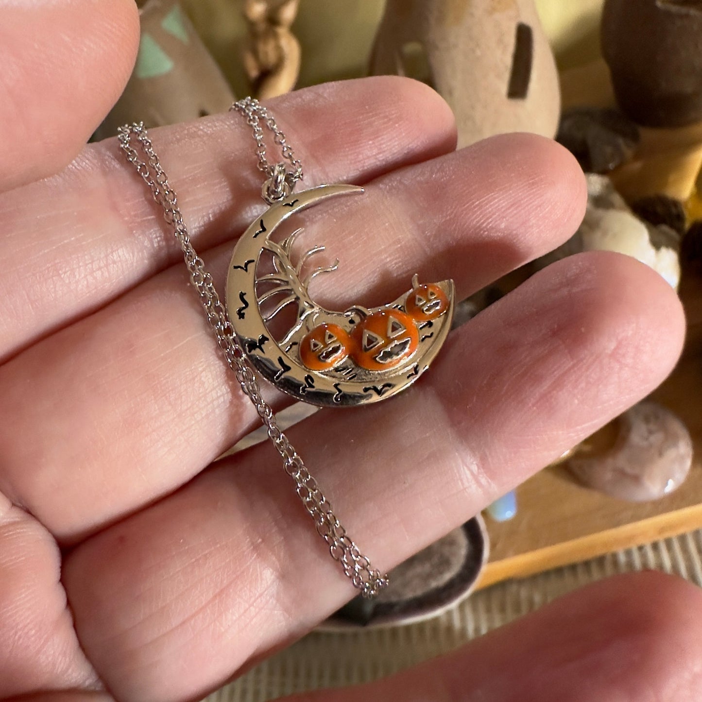 Sterling Silver Moon, Pumpkin, Bats Halloween Pendant Necklace