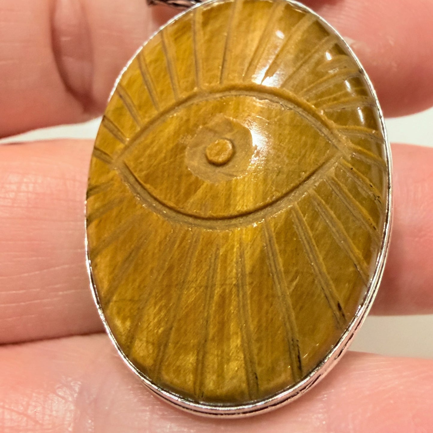 Tiger Eye Evil Eye Pendant Sterling Silver Plated Carved Stone