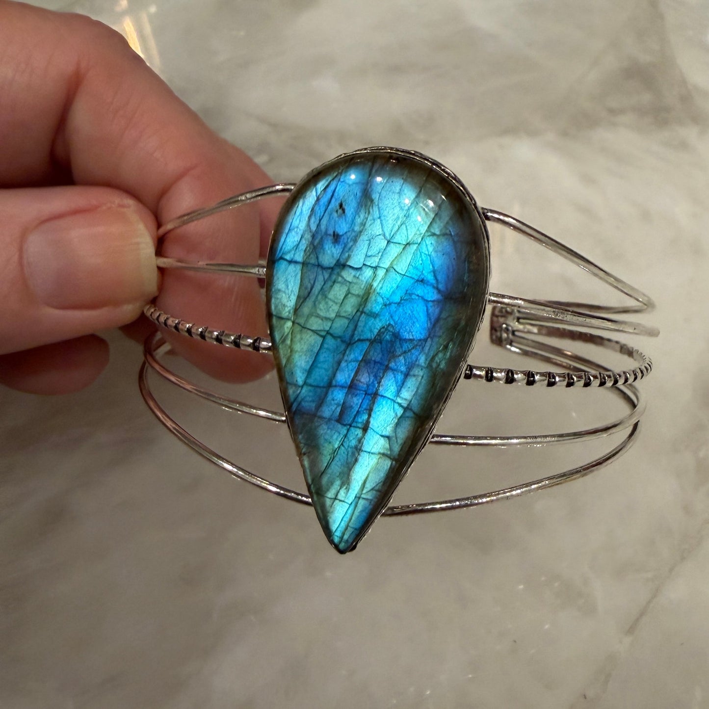 Large Labradorite Cuff Bracelet Silver Plated Blue Flash Adjustable