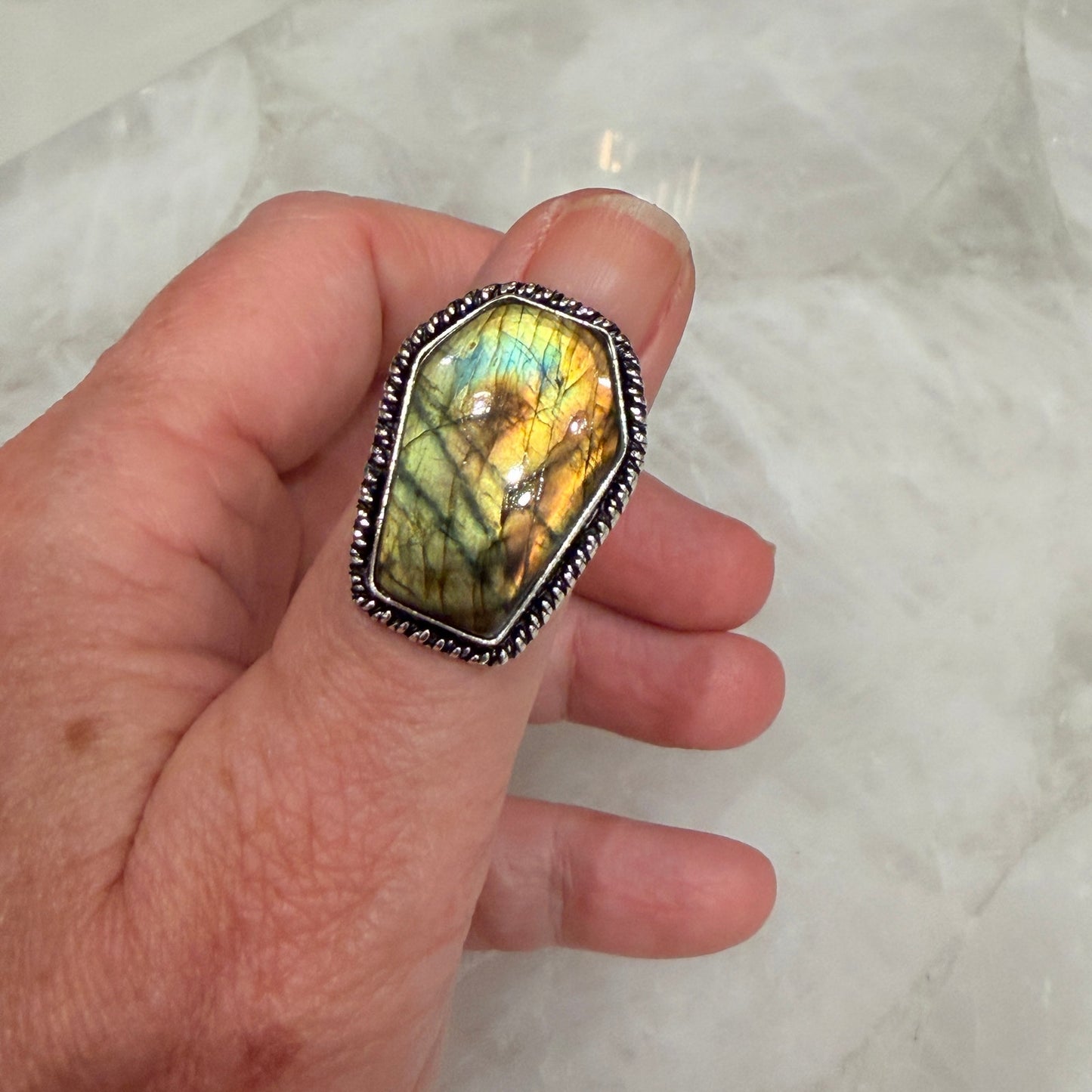 Coffin Labradorite Ring Size 9 Silver Plated Fiery Flash Statement