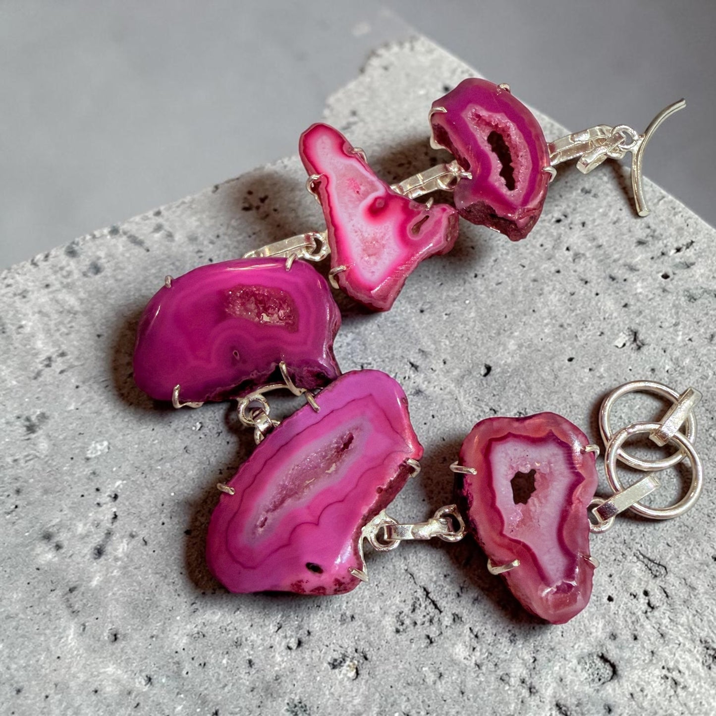 Pink Druzy Agate Slice Toggle Bracelet 925 Silver Plated