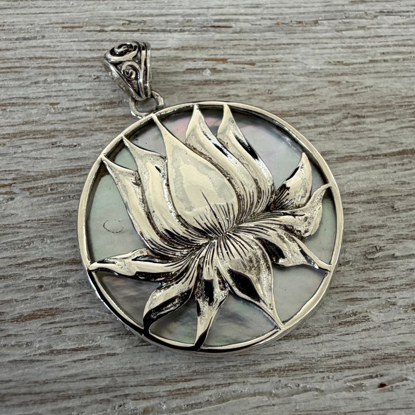 Sterling Silver Lotus Medallion Pendant- Mother of Pearl Shell