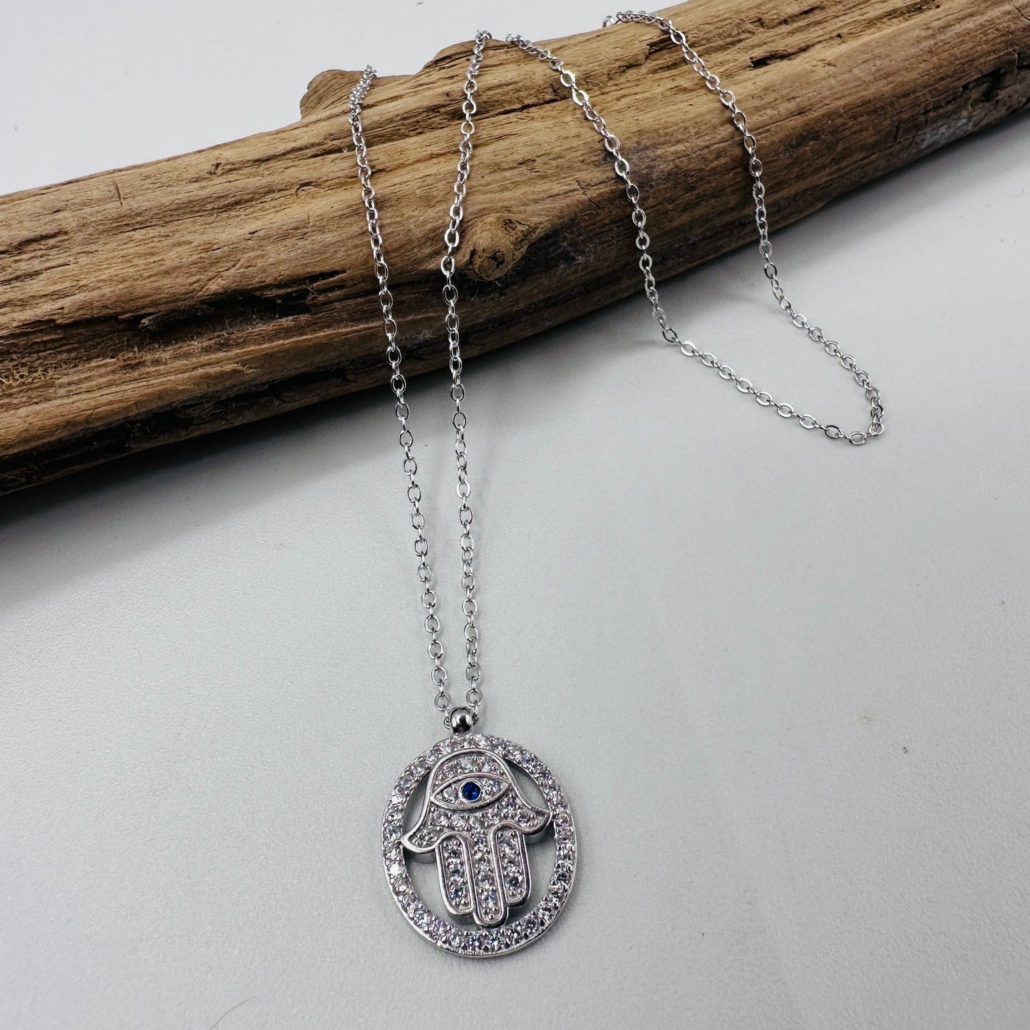 Hamsa Sterling Silver CZ Necklace-Protection Jewelry