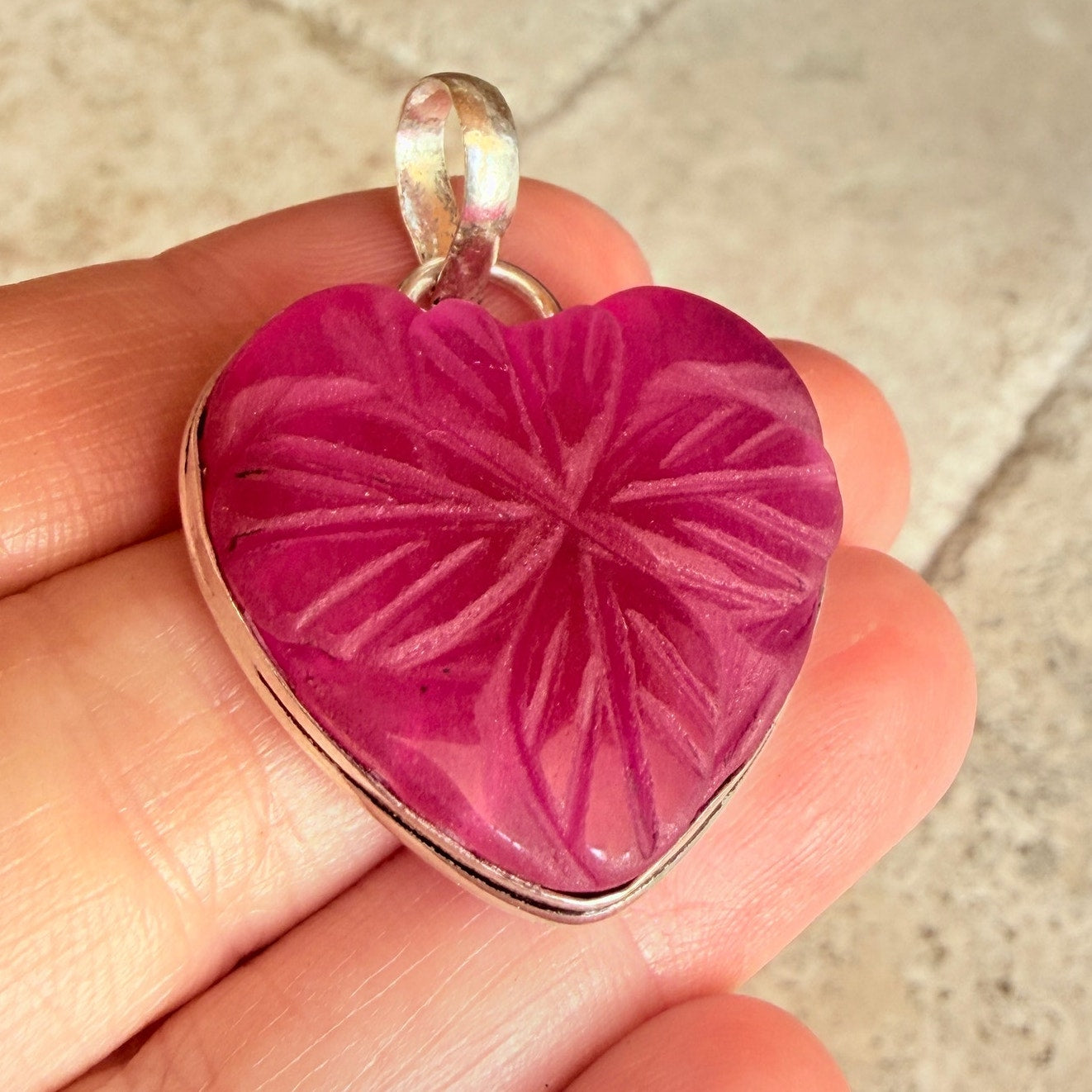 Carved Ruby Heart Clover Pendant 925 Silver Overlay