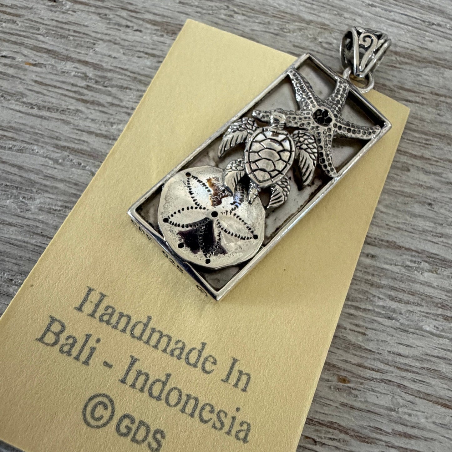 Sterling Silver Sea Turtle Mother of Pearl Starfish Necklace-Rectangle Pendant