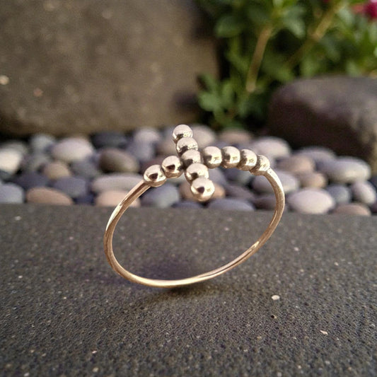 Delicate Sterling Silver Beaded Cross Faith Ring