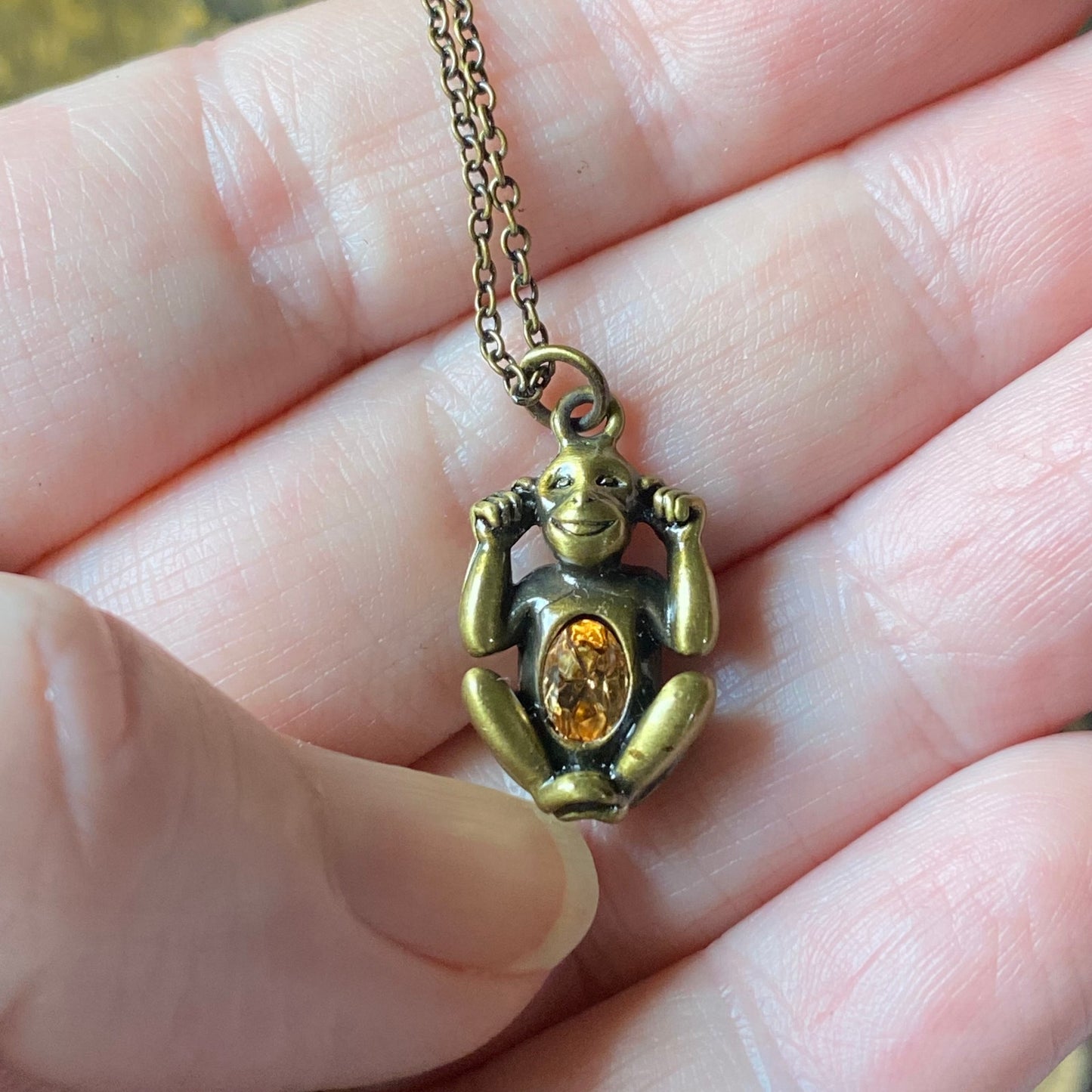 Hear No Evil Monkey Necklace Antique Copper Citrine Crystal