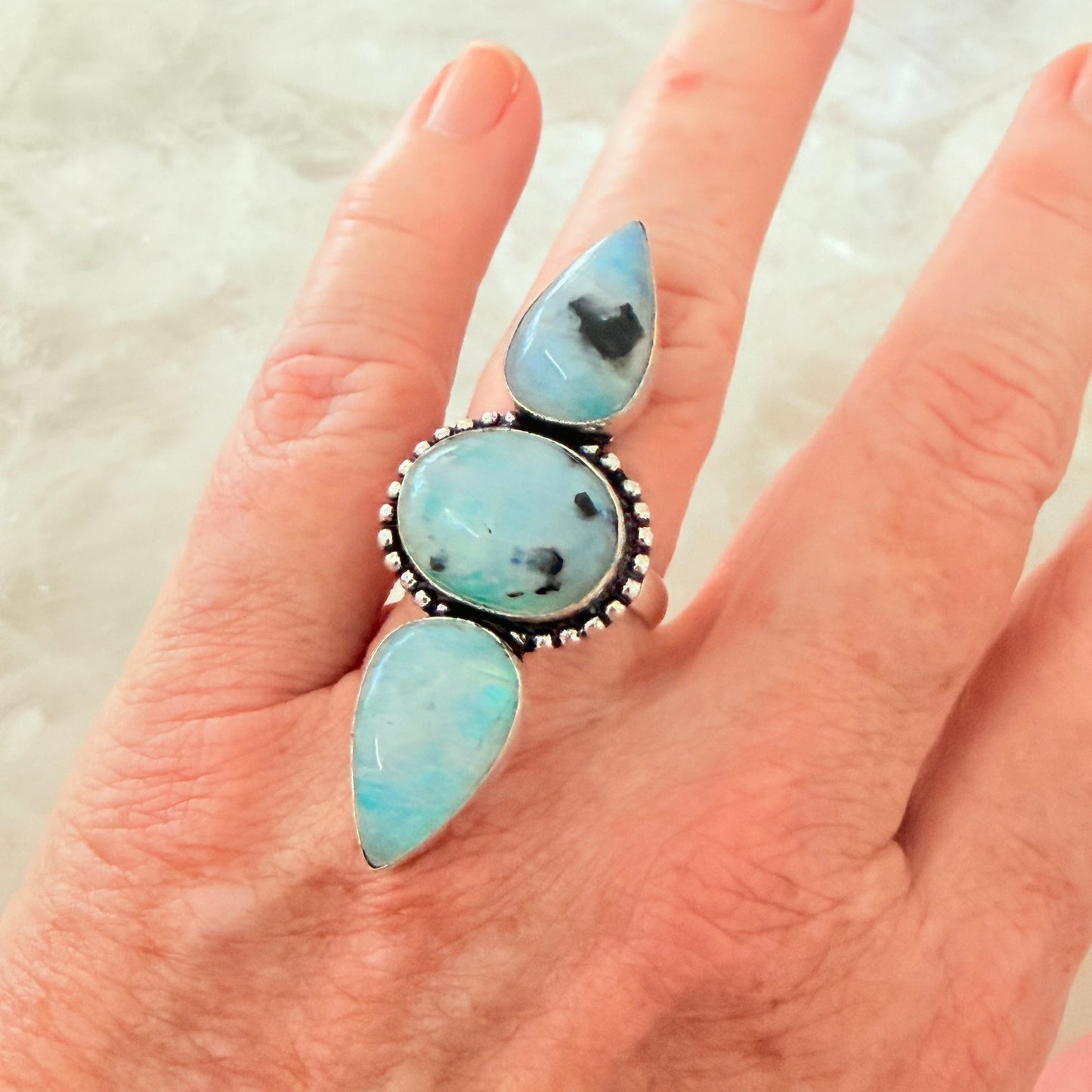 Rainbow Moonstone 3 Stone Statement Ring 925 Silver Overlay