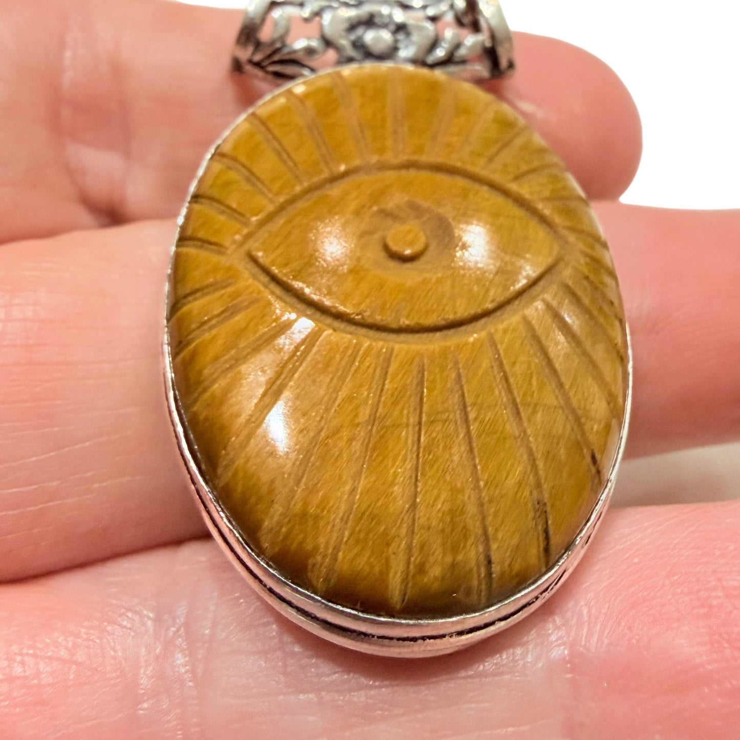 Tiger Eye Evil Eye Pendant Sterling Silver Plated Carved Stone