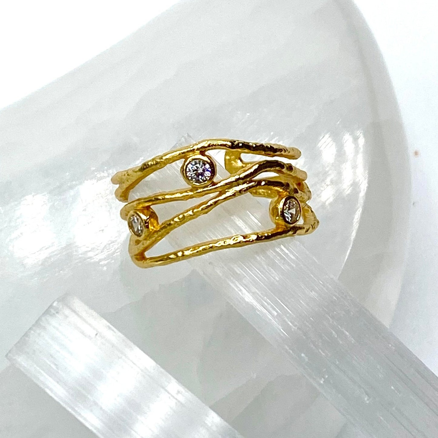 925 Sterling Silver Cz Gold Plated Irregular Stackable Ring