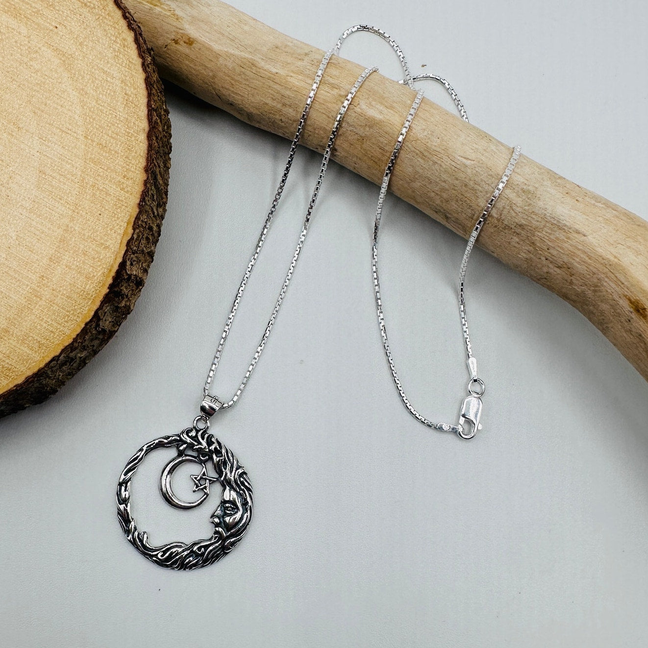 Sterling Silver Moon Goddess Necklace-Crescent Moon & Star Pendant