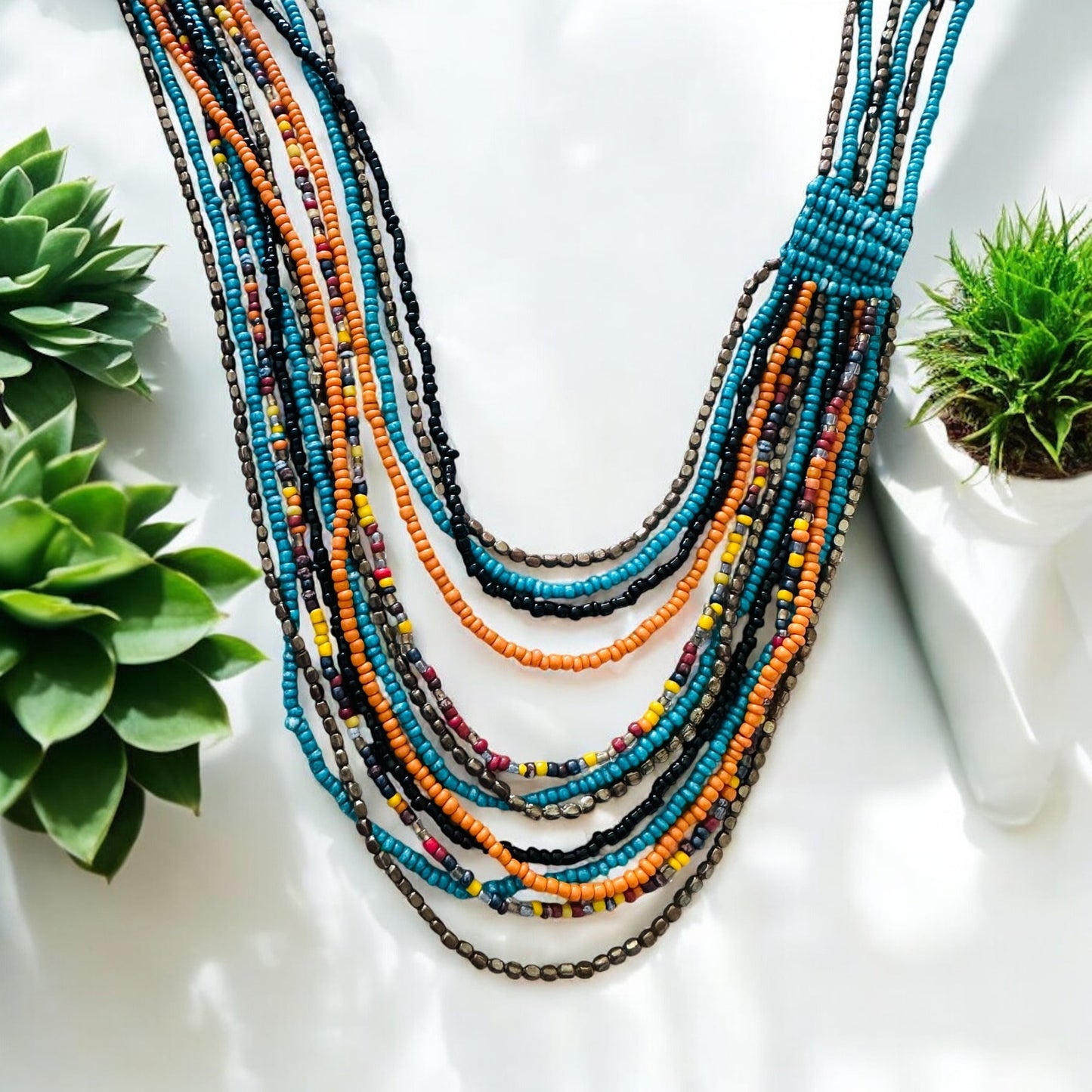 Boho Multicolor Layered Seed Bead Statement Necklace