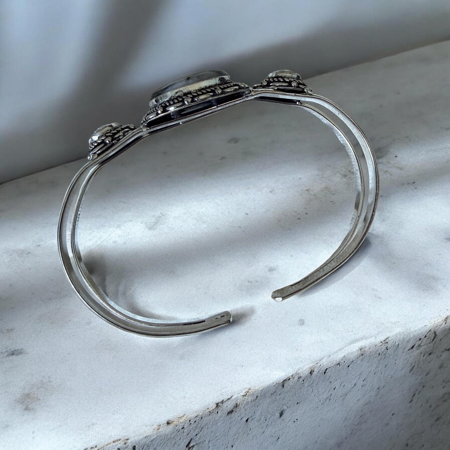 White Buffalo Turquoise White Topaz 925 Silver Overlay Cuff Bangle