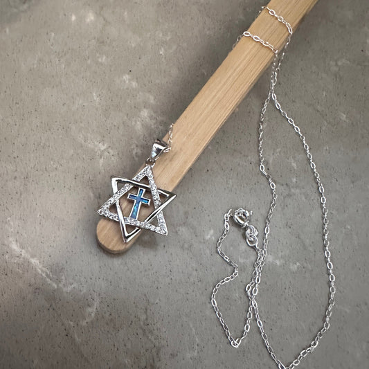 Star of David & Cross CZ Lab Opal Sterling Silver Necklace