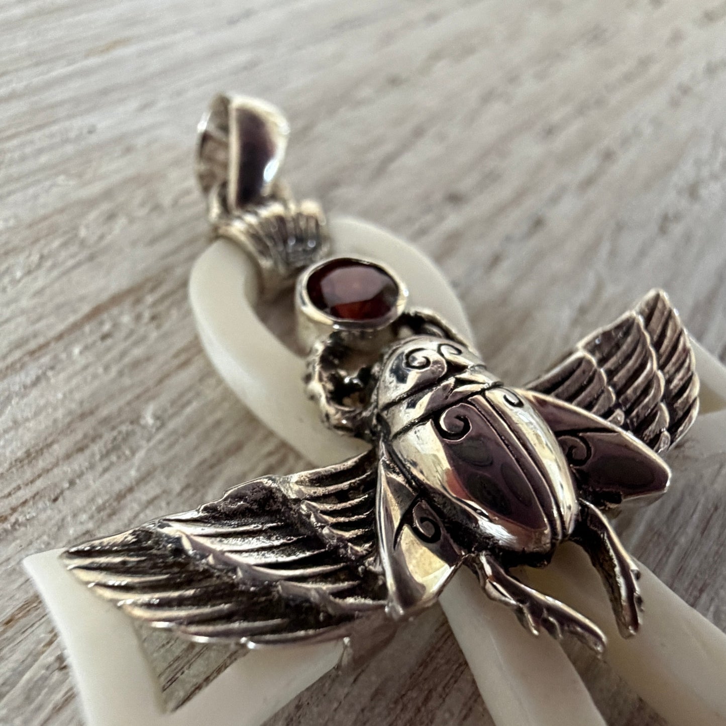 Sterling Silver Hand Carved Bane Ankh Scarab Pendant -Egyptian Symbol-Garnet