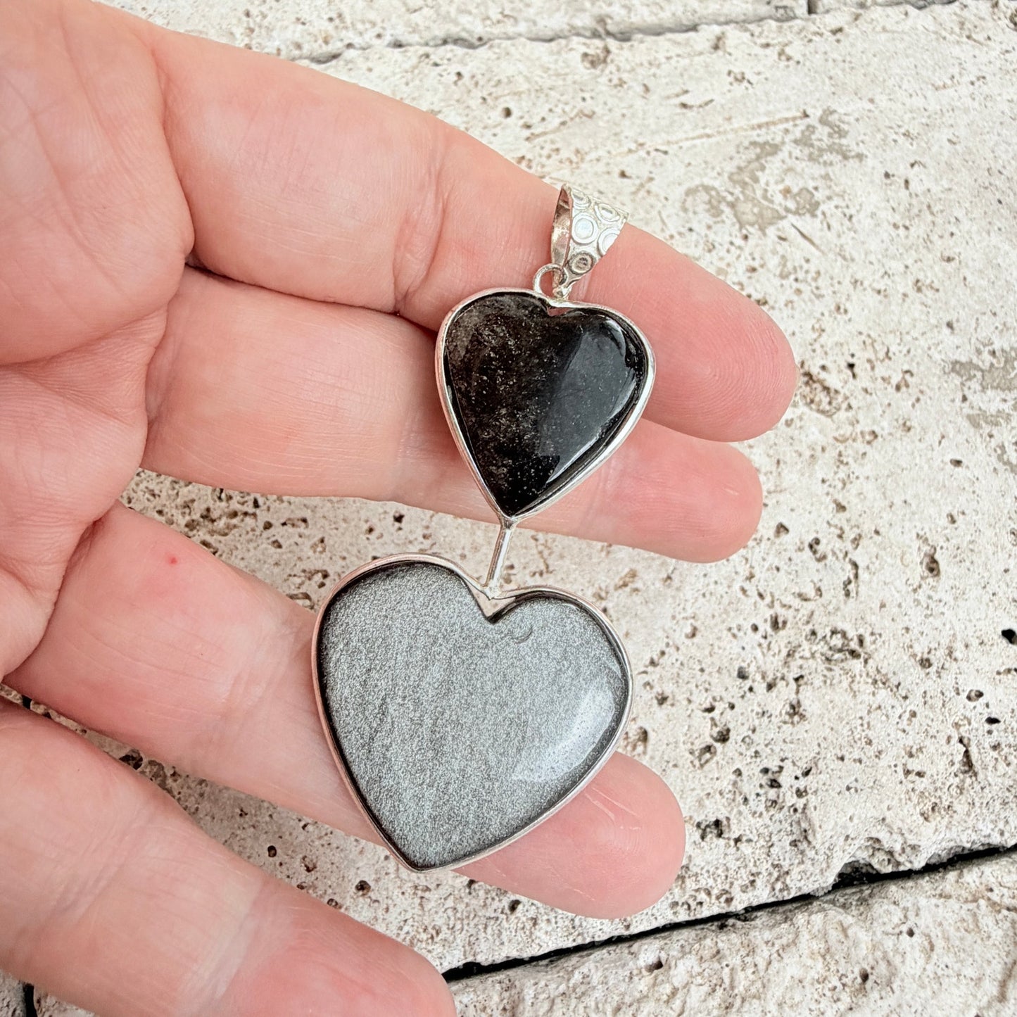 Silver Obsidian Double Heart Pendant 925 Silver Overlay
