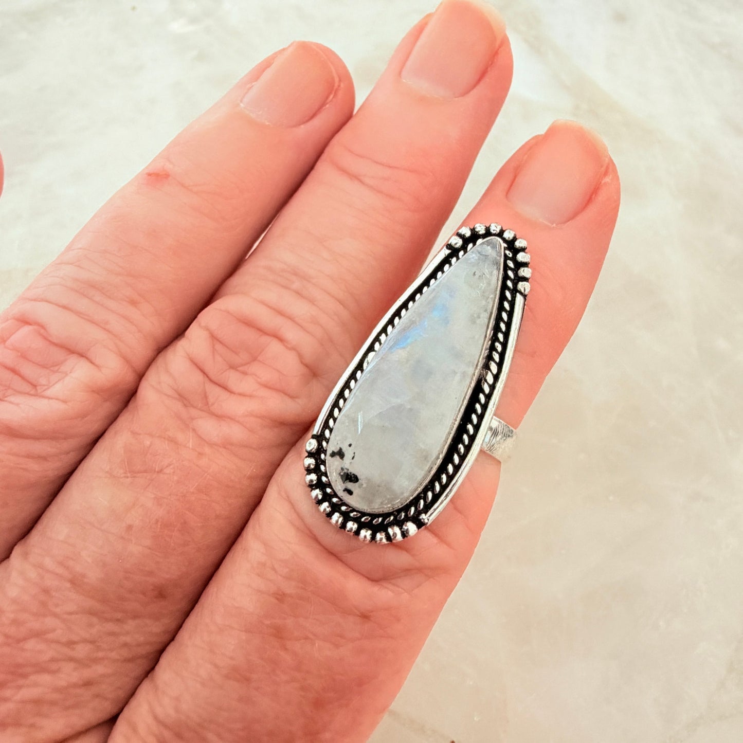 Rainbow Moonstone 925 Silver Plated Ring Size 6