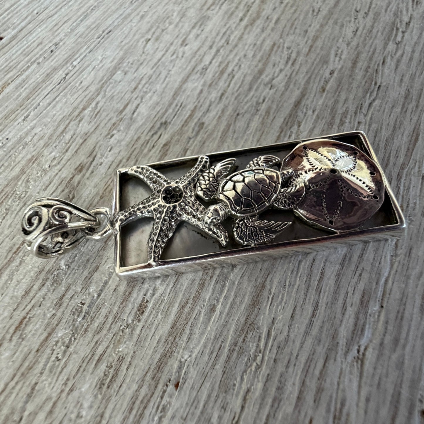 Sterling Silver Sea Turtle Mother of Pearl Starfish Necklace-Rectangle Pendant