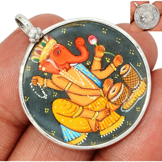 Lord Ganesha Hand Painted 925 Sterling Silver Pendant