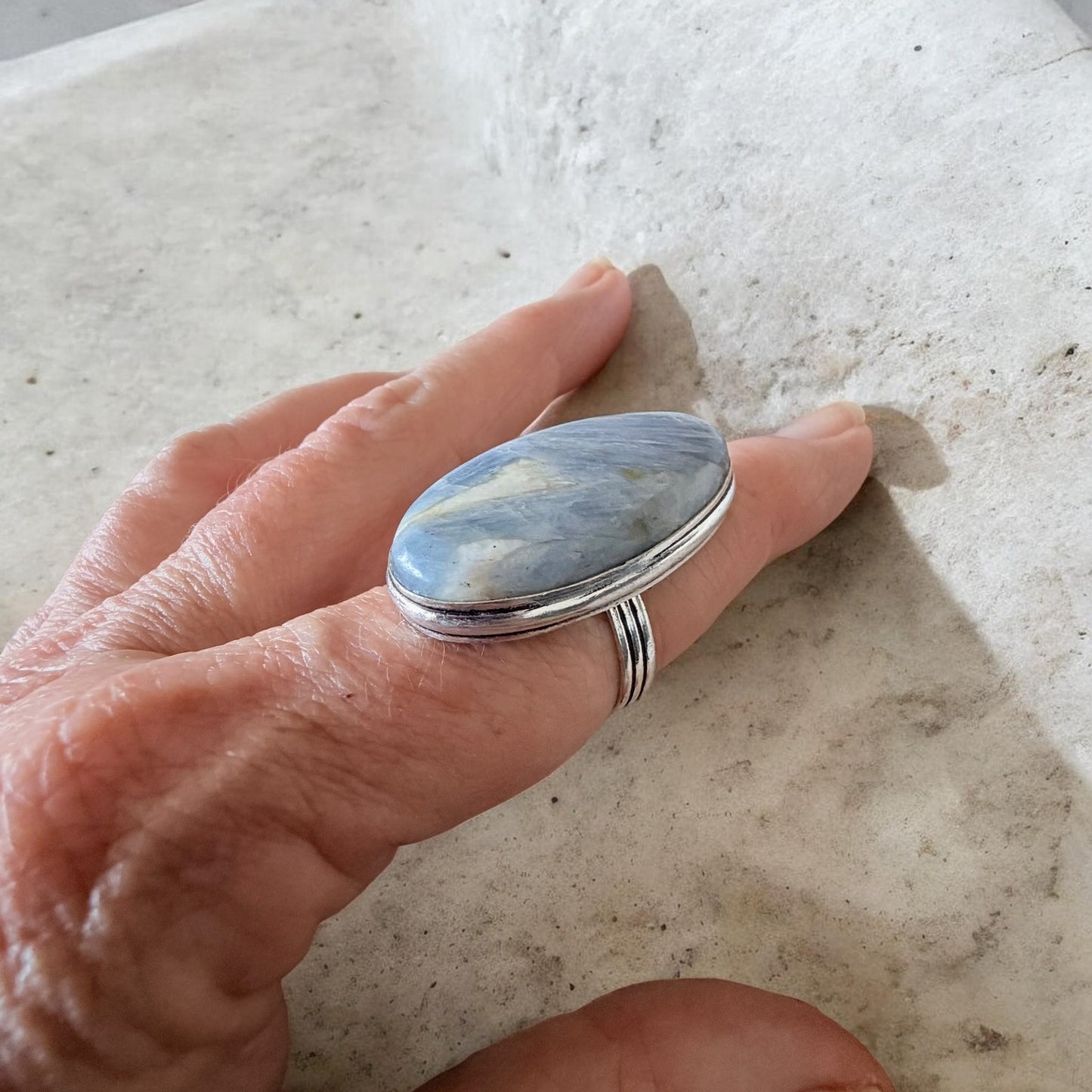 Blue Kyanite Statement Ring Sterling Silver Overlay Size 9