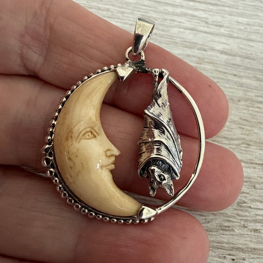 Bat & Moon Sterling Silver Pendant