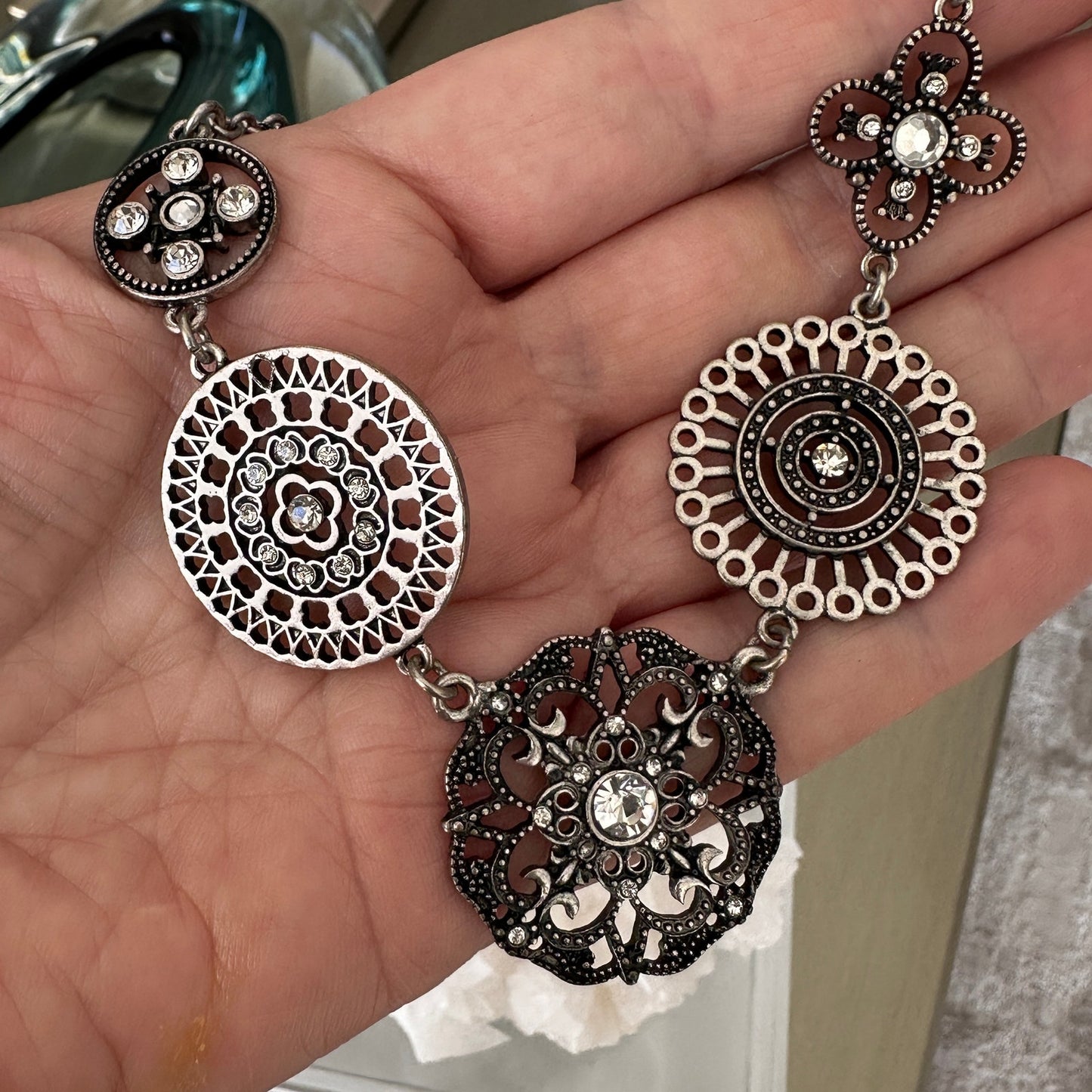 Vintage Silver-Tone Statement Necklace with Clear Rhinestones