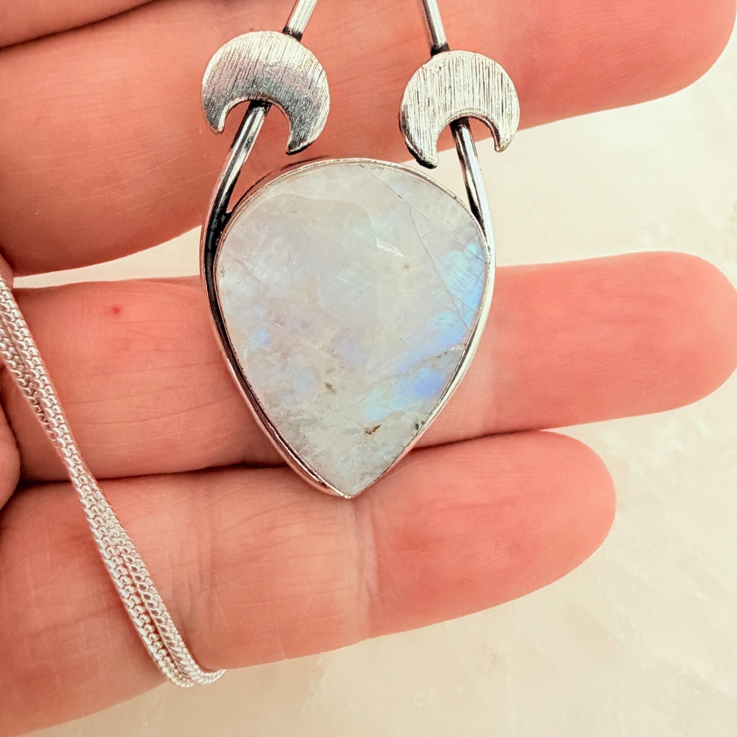 Rainbow Moonstone Crescent Moon Necklace 925 Plated, Celestial Pendant