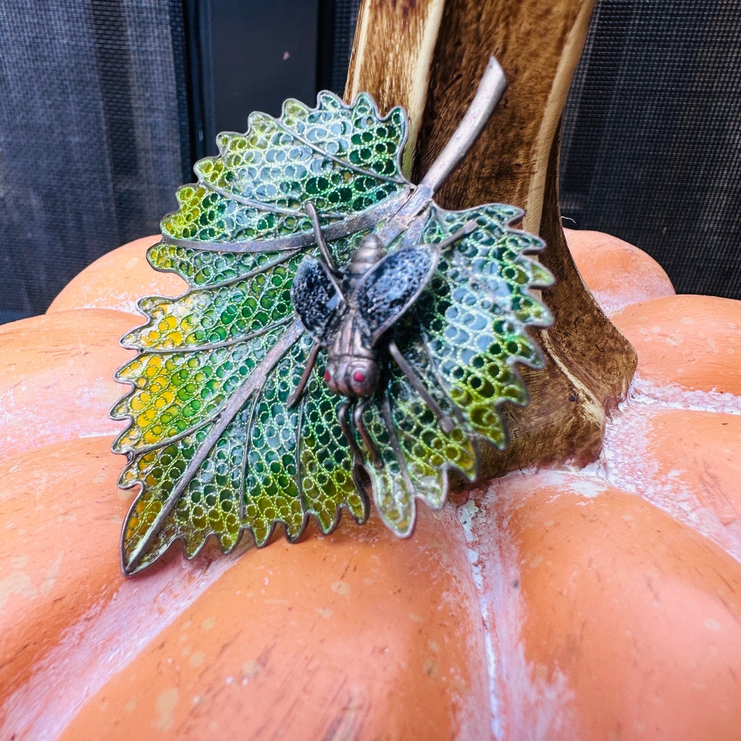 Vintage Plique a Jour Enamel 800 Silver Leaf Bug Brooch Large