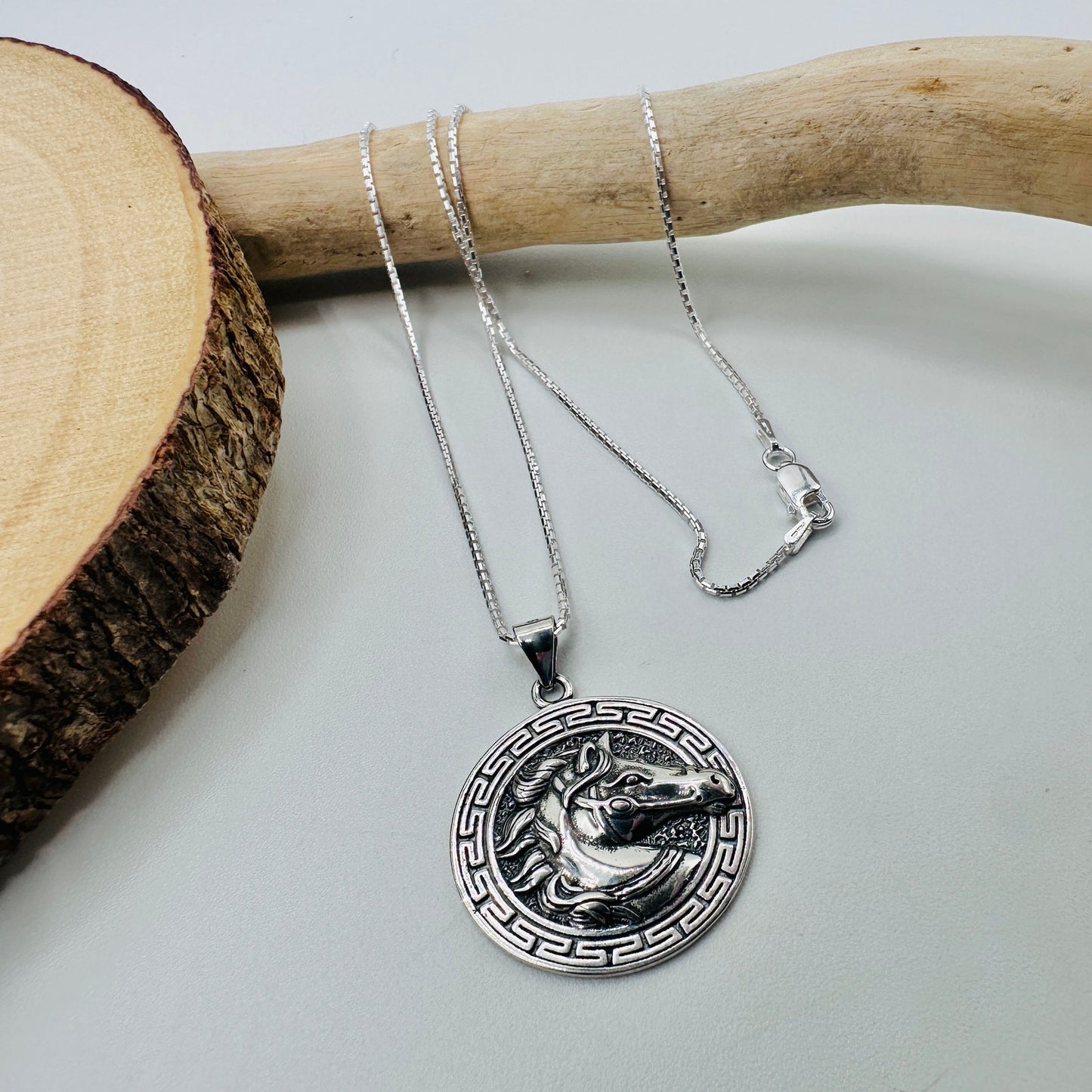 Sterling Silver Horse Medallion Necklace-925 Rounded Box Chain