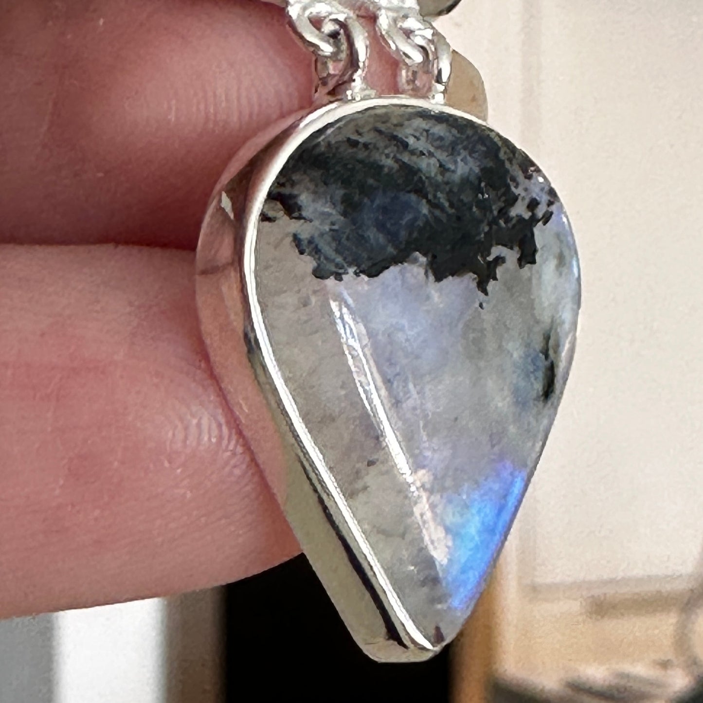 Natural Black Tourmaline In Rainbow Moonstone Sterling Silver Pendant