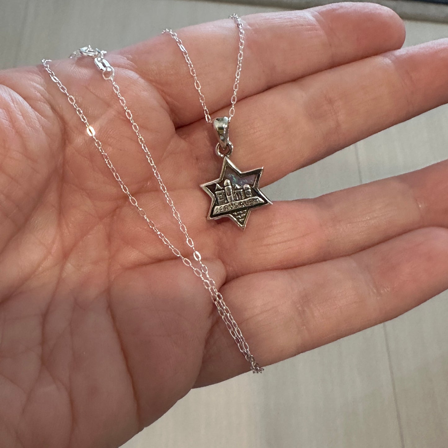 Sterling Silver Lab Opal Pendant Star of David Jerusalem Necklace