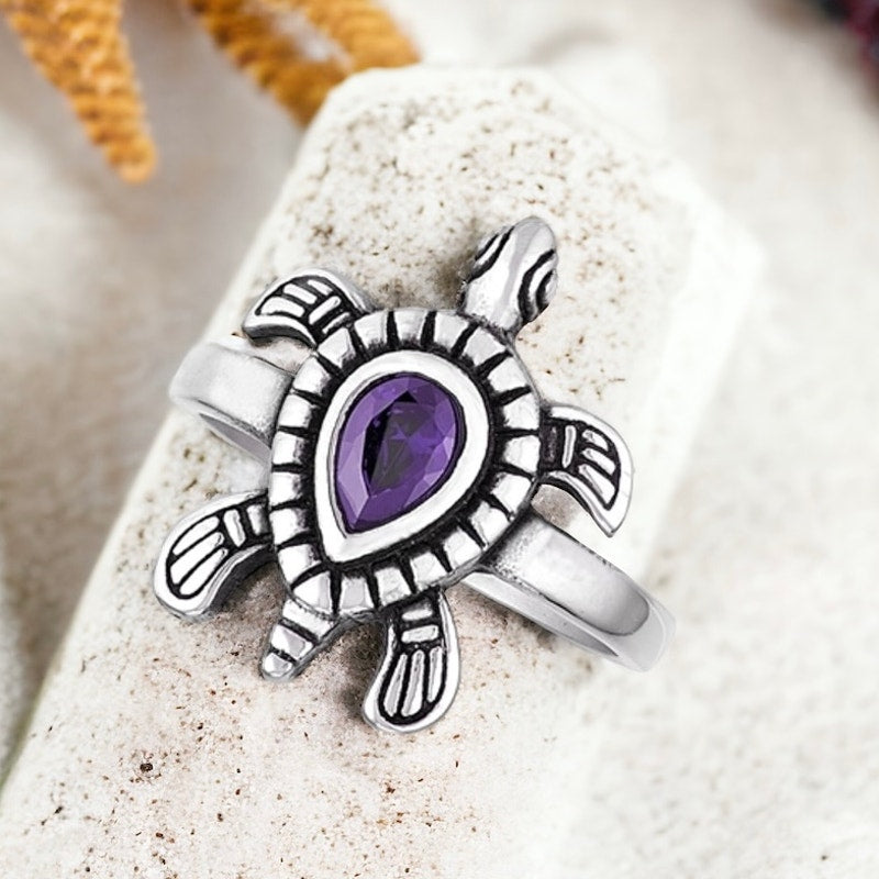 Stainless Steel Turtle Ring With Amethyst CZ