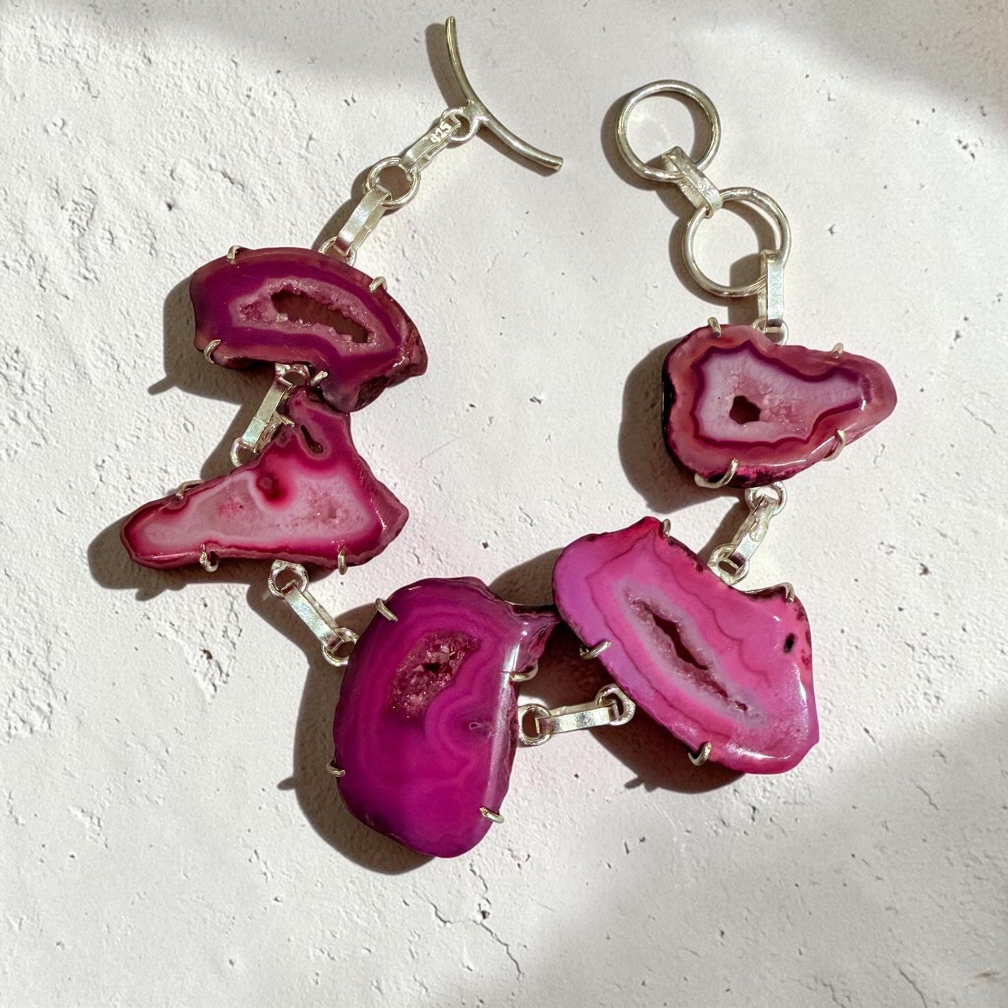 Pink Druzy Agate Slice Toggle Bracelet 925 Silver Plated