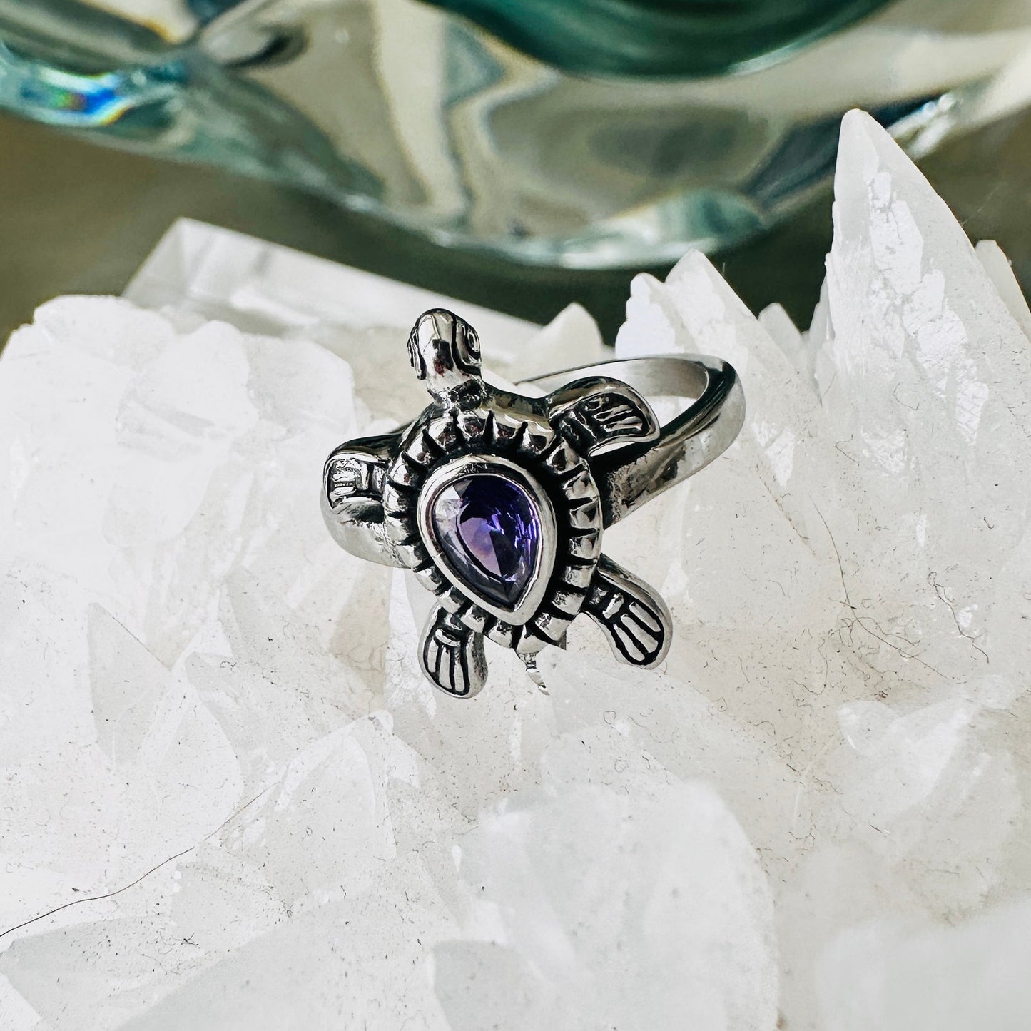 Stainless Steel Turtle Ring With Amethyst CZ