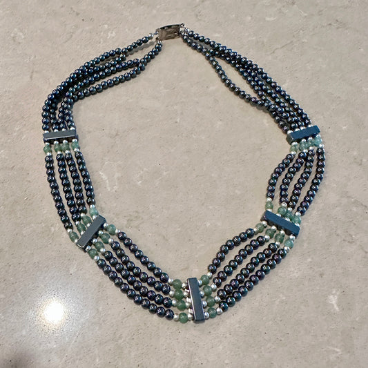Vintage Hematite & Green Beaded Statement Necklace