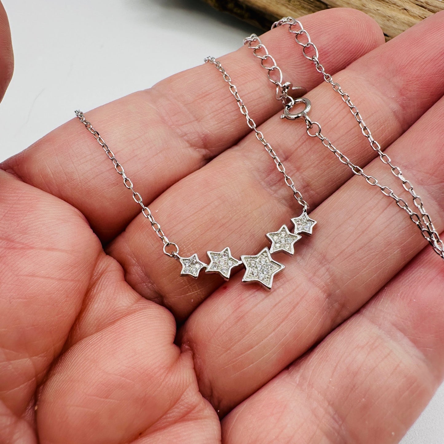 Sterling Silver Five-Star Necklace-Cubic Zirconia-Adjustable