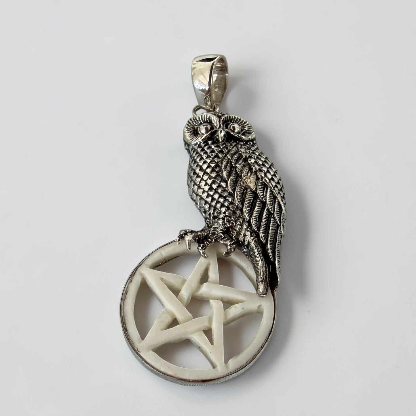 Owl Pentagram Pendant 925 Sterling Silver Carved Bone Gothic Wicca
