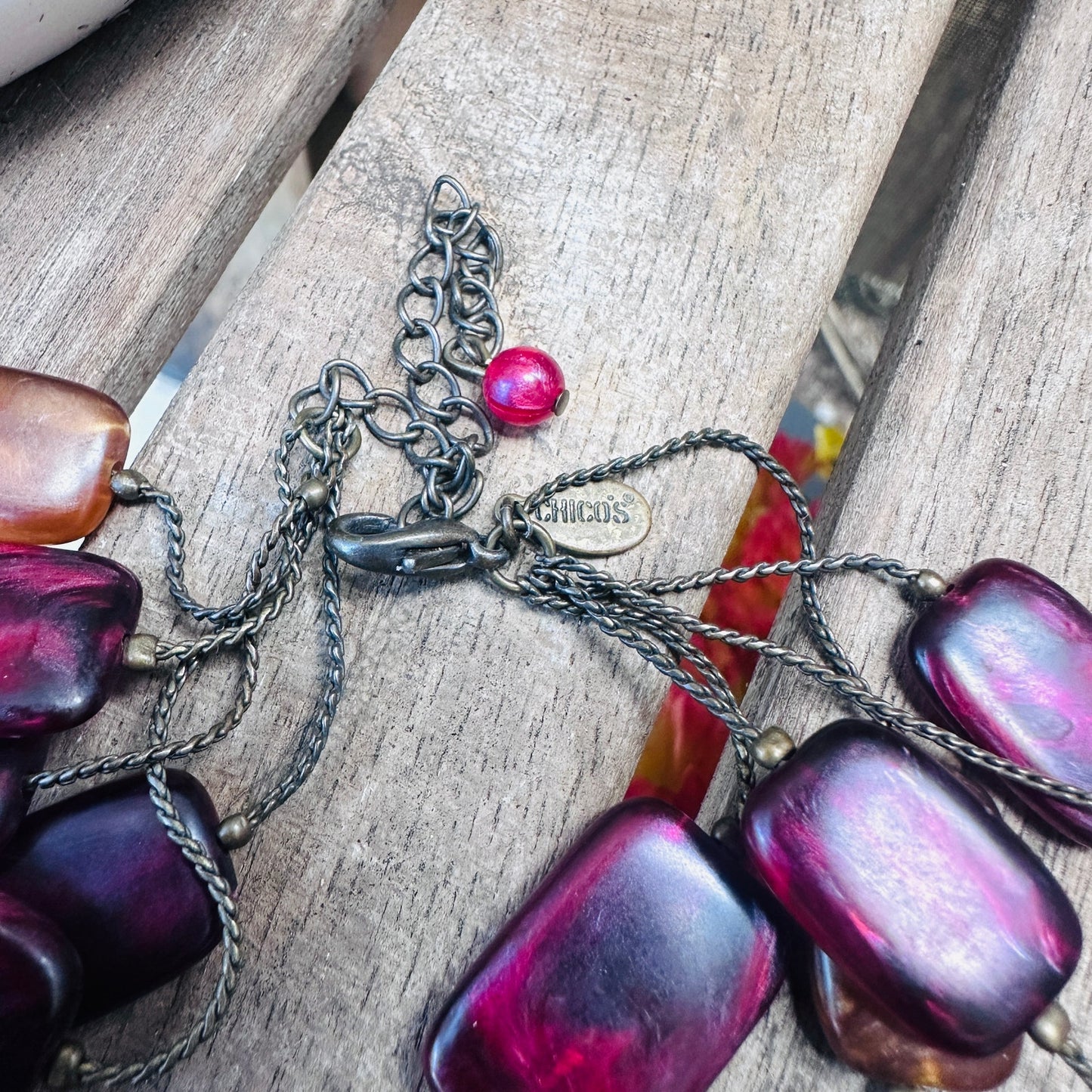 Chico's Multi Stand Statement Necklace-Pink & Brown Resin Lucite Beads