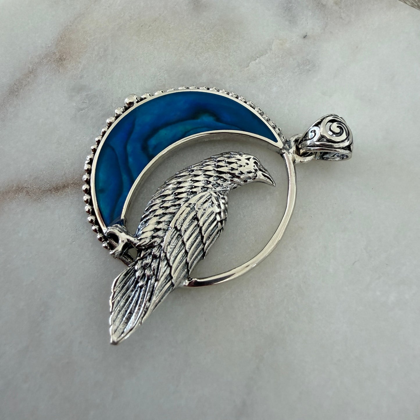 Raven in Crescent Moon Pendant 925 Sterling Silver Blue Shell Inlay
