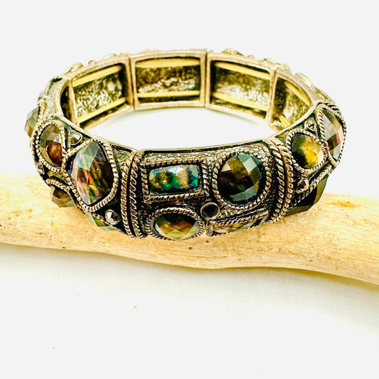Vintage Style Stretch Bracelet Faceted Stones Antique Gold Tone Statement