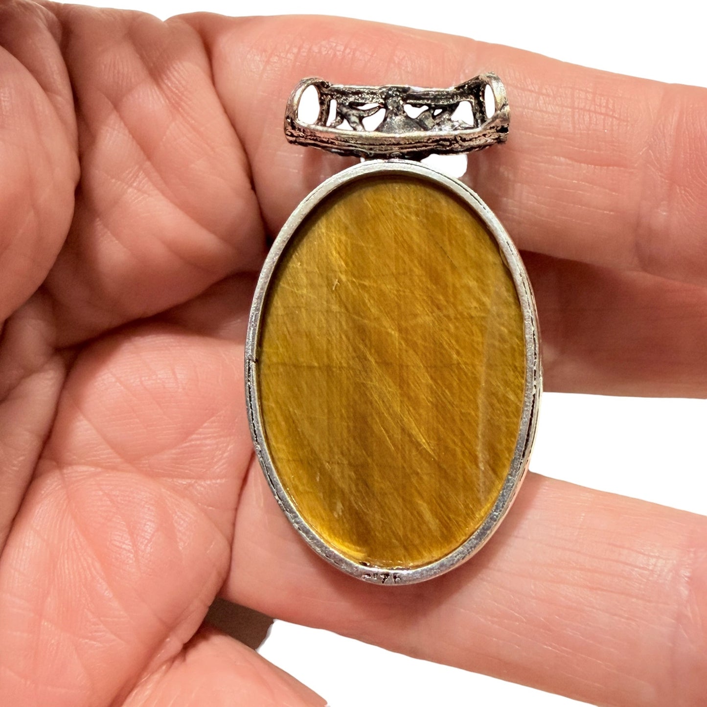 Tiger Eye Evil Eye Pendant Sterling Silver Plated Carved Stone