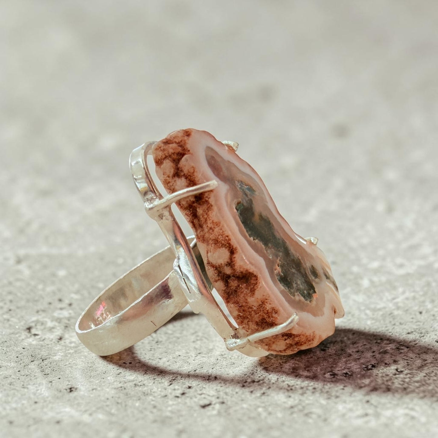 Tree Agate Solar Slice Ring 925 Silver Overlay Statement Ring