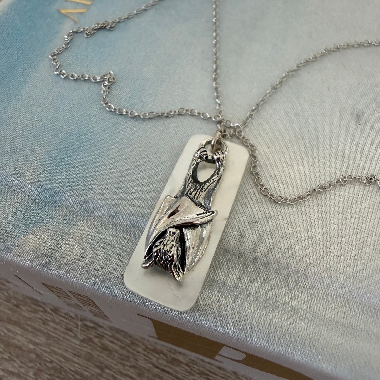 Sterling Silver Bat Pendant Mother of Pearl 18" Chain Gothic