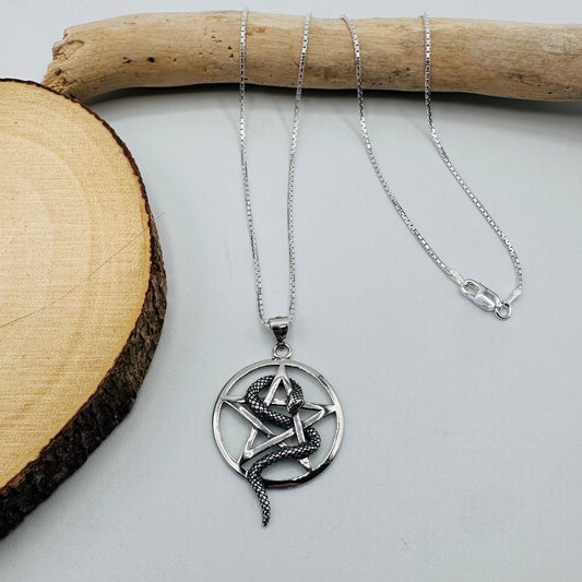 Sterling Silver Snake Pentagram Pendant Necklace-925 Silver