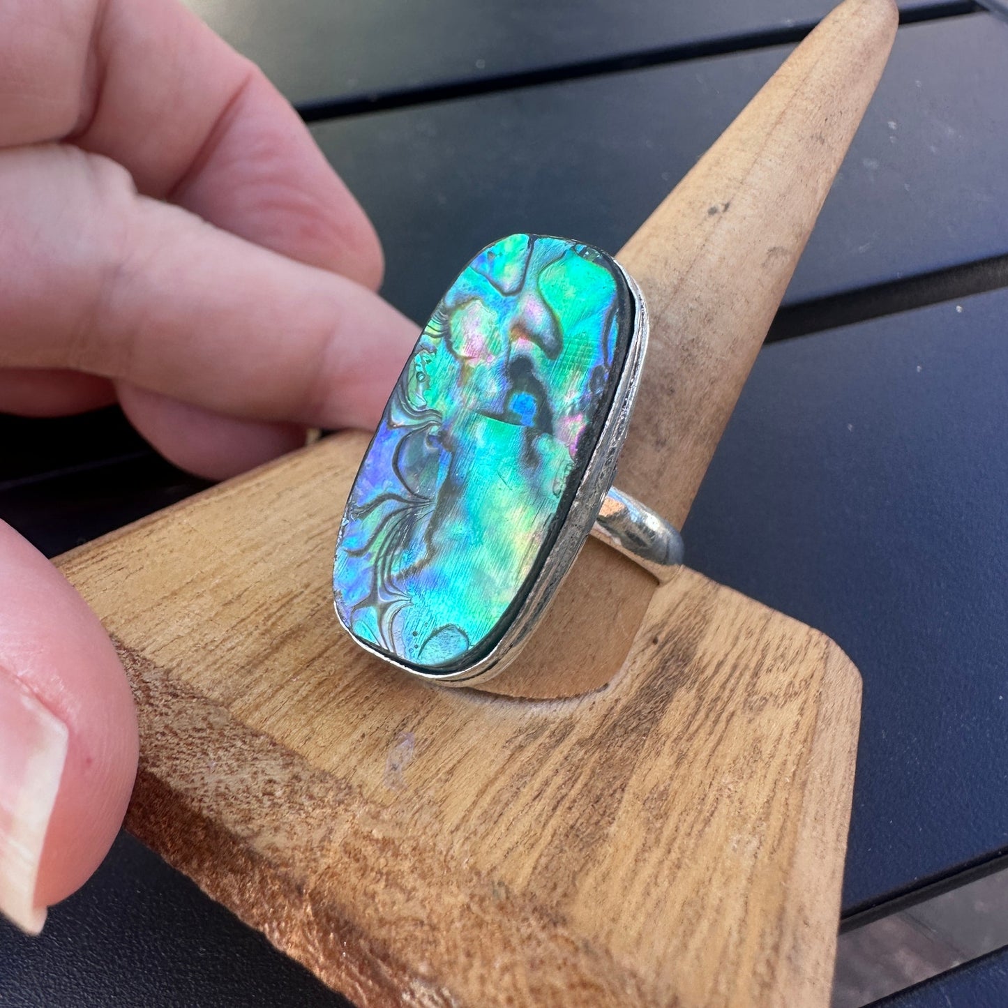 Abalone Shell Sterling Silver Plated Ring – Size 13 Statement Jewelry