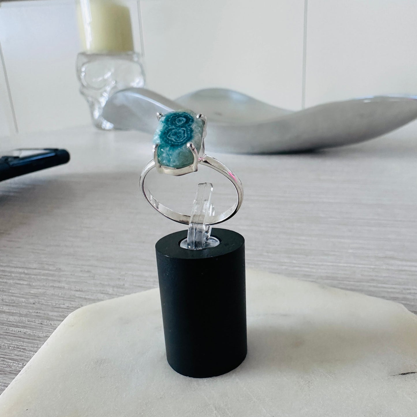 Sterling Silver Mediterranean Green Quartz Stalacitite Slice Ring