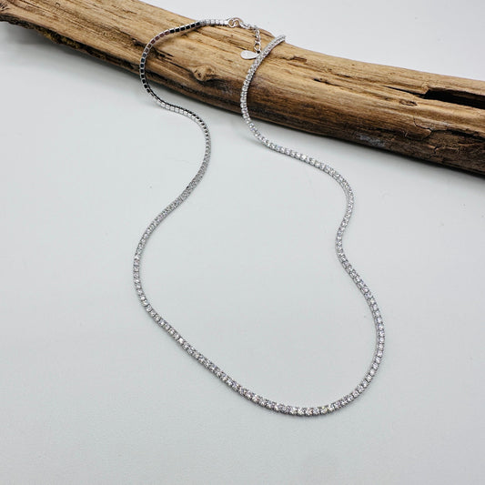 Sterling Silver CZ Tennis Necklace – 14” + 3” Extension